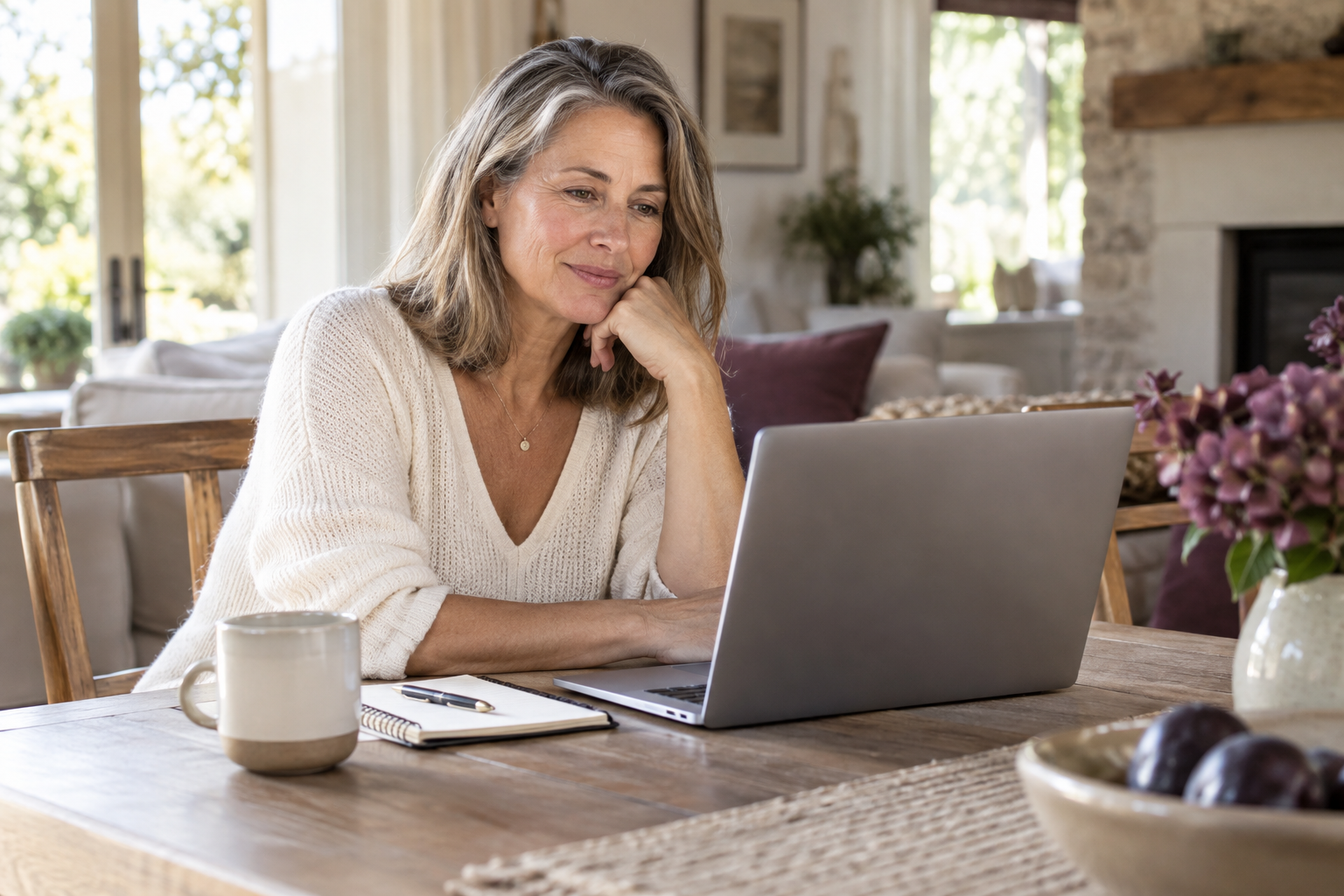 Illustrative scene of a woman at home listening during a laptop conversation