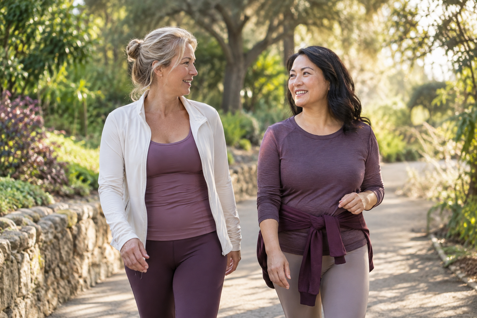 Illustrative scene of two women enjoying a walk together in a leafy park